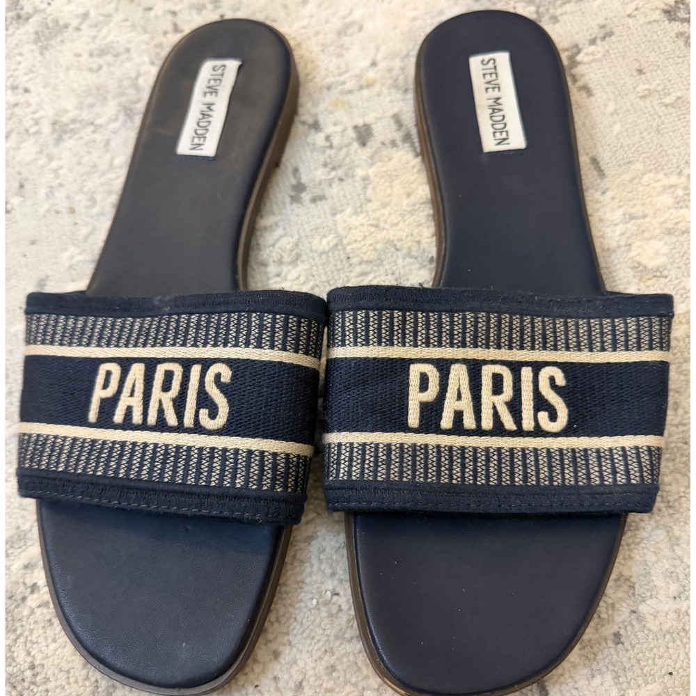 Steve Madden Paris Slide Sandals Navy Blue Woven Embroidered Flat Slides 10